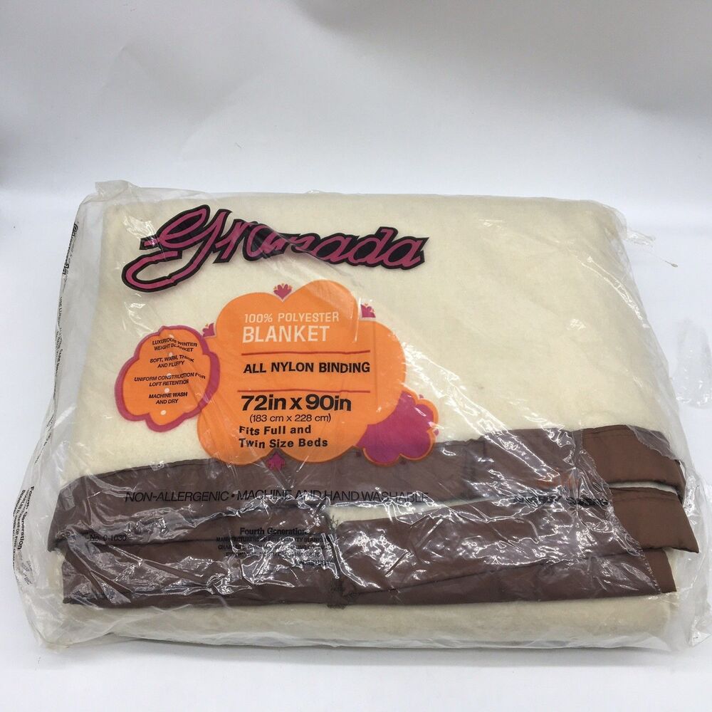 Vtg Granada 100% Polyester Cream Blanket Full Twin 72x90 Brown Nylon Trim  USA